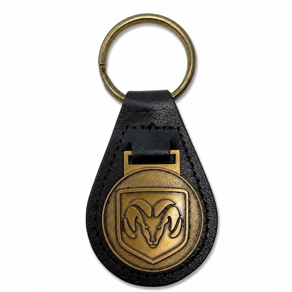Vintage Leather Dodge Ram Horn Key Ring FOB Brass Tone Mopar Dodge Truck